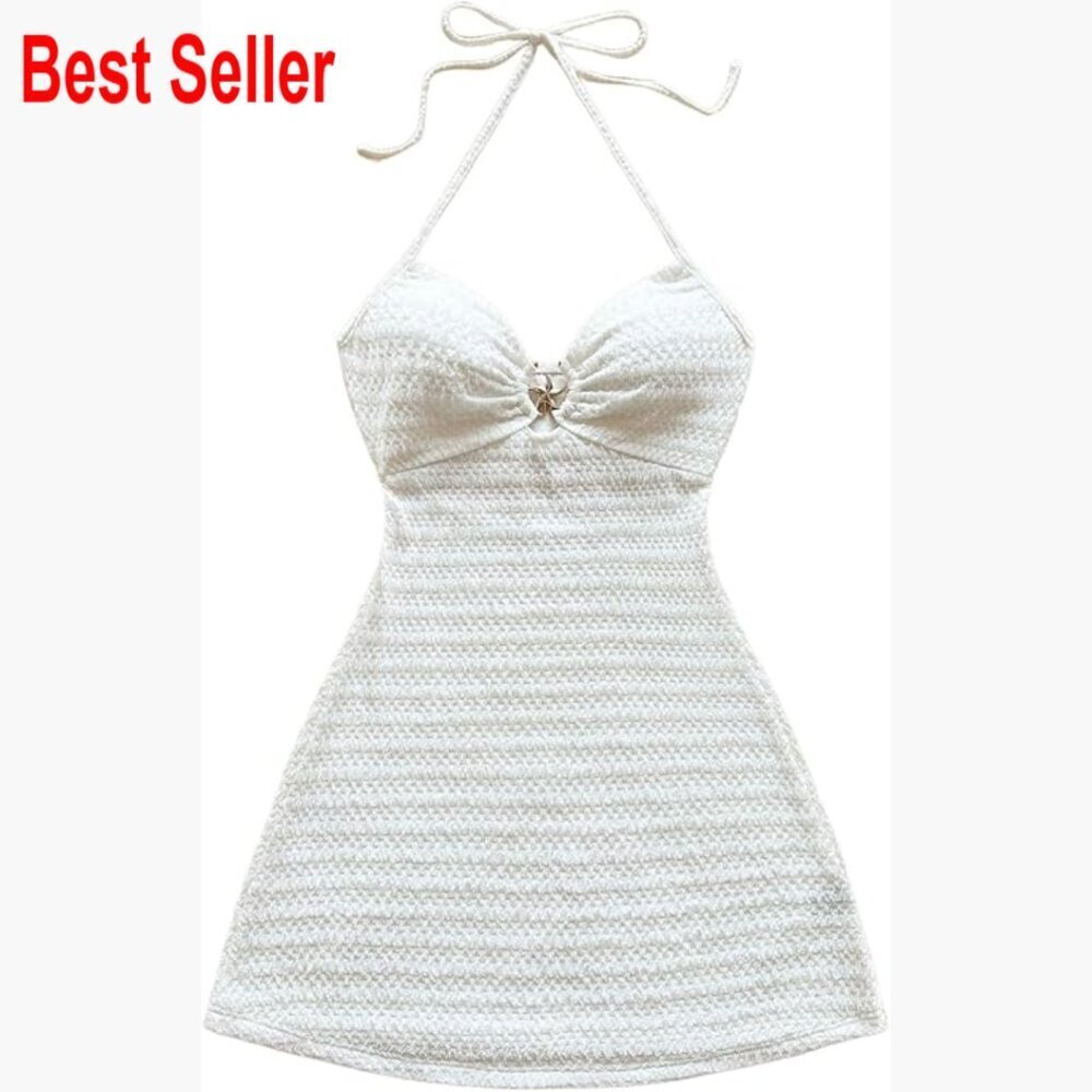 Backless Halter Mini Dress Polyester Blend Y2K Beach Vacation Sundress